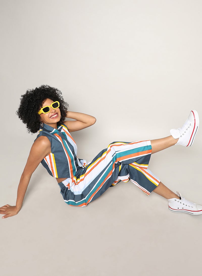 Campus Sutra Women's Multicolour Striped Vest Co-Ord Set For Casual Wear | Lapel Collar | No Sleeves | Button Closure | Co-Ords Crafted With Comfort Fit For Everyday Wear - Image 1